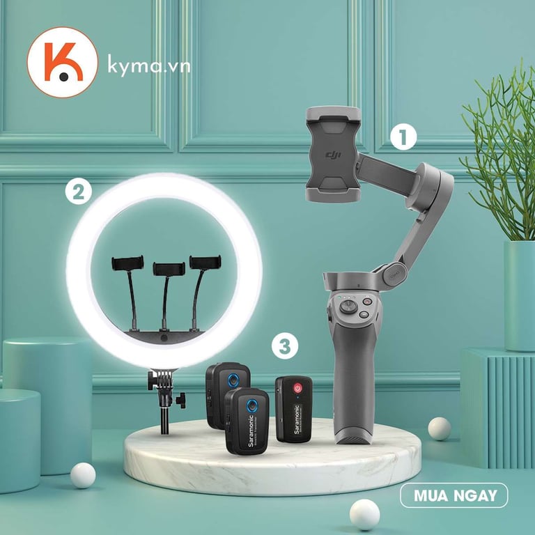 Combo 1: Tay cầm Gimbal DJI Osmo Mobile 3 + Đèn Led Ring HQ-18N Microphone Saramonic Blink 500 B2