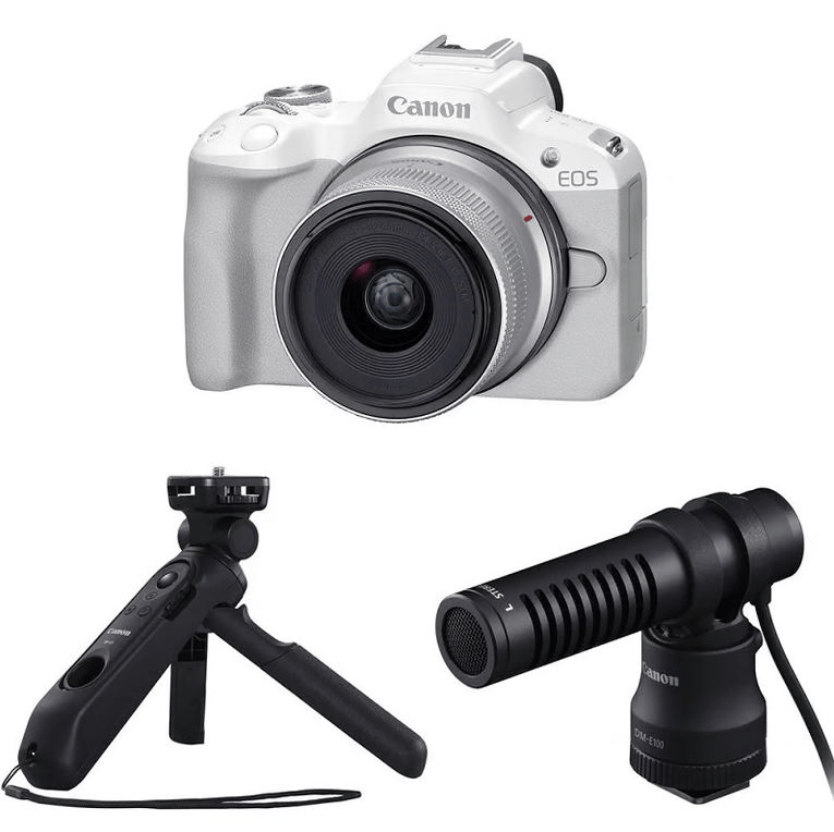 Máy ảnh Canon EOS R50 Kit (Trắng) + Microphone Canon DM-E100 + Báng tay cầm Canon HG-100TBR