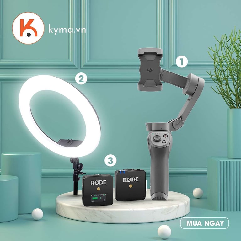 Combo 3: Tay cầm Gimbal DJI Osmo Mobile 3 + Đèn Led Ring Dragon MD18C LCD + Microphone Rode Wireless Go