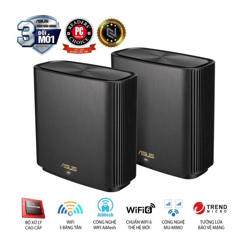 Router Wifi ASUS XT8 (W-2-PK) ZenWiFi 6 AX6600, 3 Băng Tần, AiProtection, Parental Control/ Đen