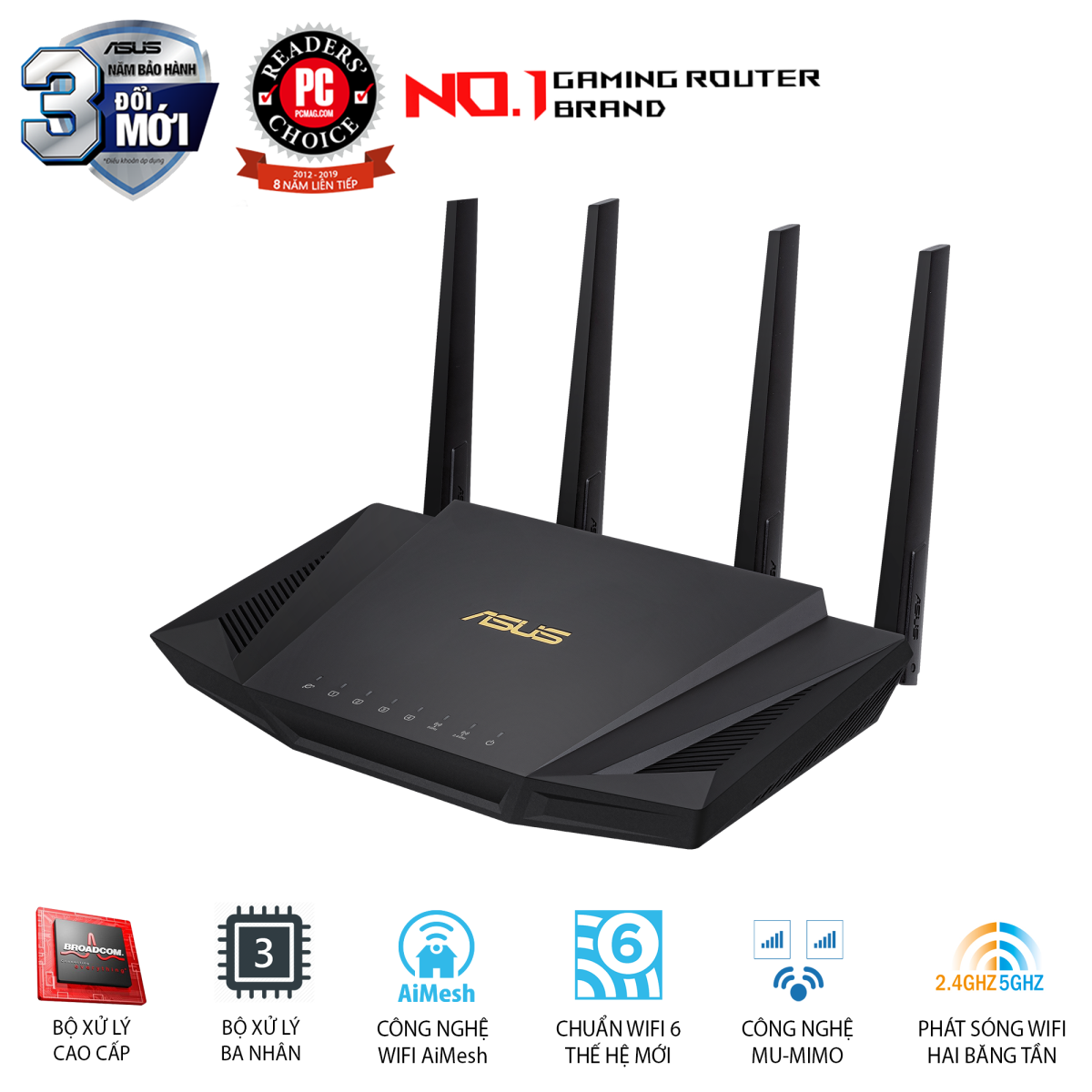 ASUS RT-AX3000 (Gaming Router) Wifi AX3000 2 Băng Tần, Wifi 6 (802.11ax), AiMesh WIFI Mesh, MU-MIMO, AiProtection, USB 3.1