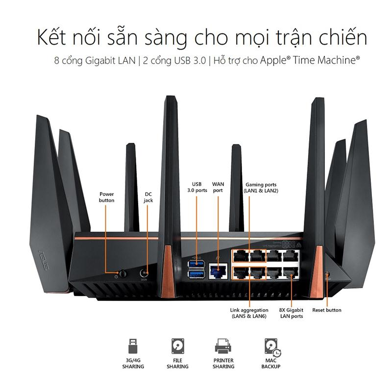 ASUS ROG Rapture GT-AC5300 (Gaming Router) AC5300 WTFast, AiMesh 360 WIFI Mesh, 3 Băng Tần, Chipset Broadcom, AiProtection, USB 3.0